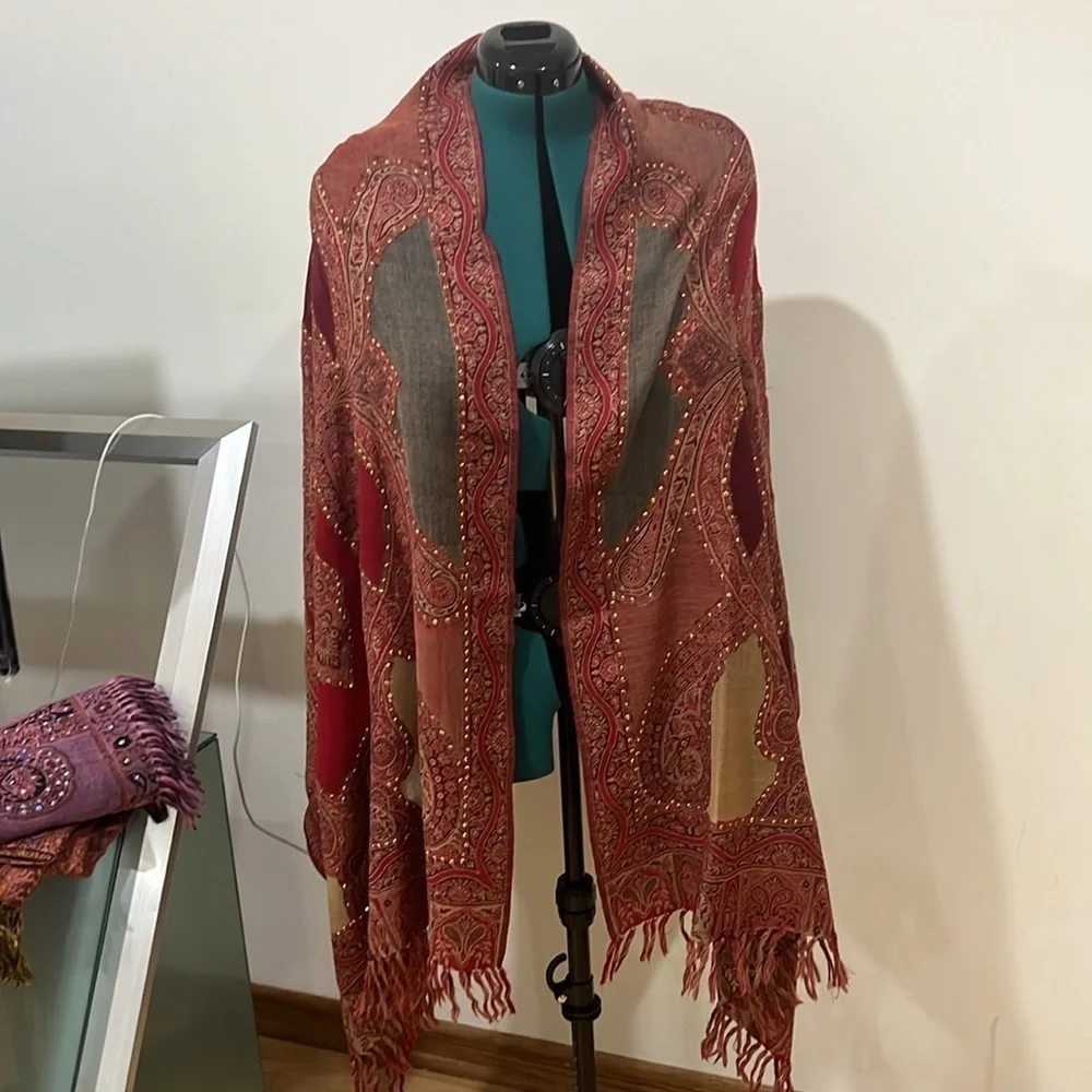 Embellished gold sequin maroon and tan Scarf/Shawl